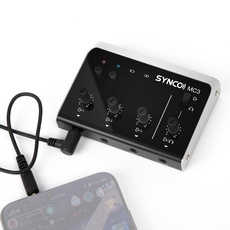 SYNCO Mischpult Audio Mixer 4-Kanal Output Gleichzeitig für Multi Gerät und Streaming Platform Audiomischer DSP Chip Gain Control Real-Time Monitoring Bluetooth Interface für Mikrofon Smartphone MC3