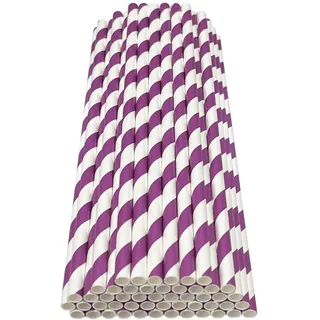 Haobase 50 Stück Papier Trinkhalme, biologisch abbaubare Papier Strohhalme zum Trinken Cocktail, Kaffee, kalte Getränke (Streifen-Muster) (White/Purple Stripes)