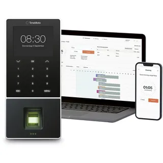 Timemoto TM-828 SC Cloud-basiertes Zeiterfassungsgerät mit Fingerabdrucksensor, kompatibel mit kontaktlosen Chipkarten, RFID-Ausweis, PIN, 2.000 Benutzer, Terminplanung, Arbeitszeitberichte, Wi-Fi
