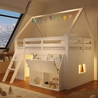Merax Hochbett Hausform 140x200 cm mit Treppe, LED Beleuchtung, Klappen, Stofftaschen, Etagenbett, Stockbett, Massivholz Kinderbett, Jugendbett, Weiß - Weiß