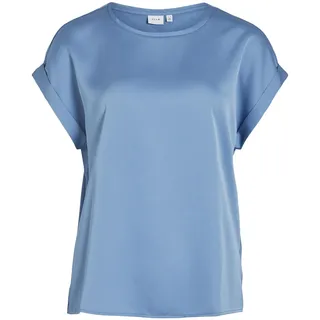 Vila Damen Satin Blusen T-Shirt Kurzarm Basic Rundhals Top Glänzend Tunika Blouse Oberteil VIELLETTE, Farben:Blau-4, Größe:36