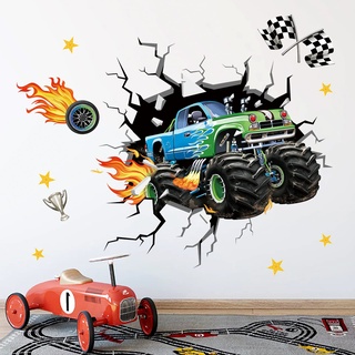 decalmile Wandtattoo 3D Autos Wandaufkleber Rennauto Junge Wandsticker Kinderzimmer Babyzimmer Spielzimmer Wanddeko