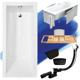 Badewanne Rechteck 130x70 mit Ablaufgarnitur und Füßen GRATIS + Verkleidung (Styropor) + Bambus Holzablage + Kopfstütze in Schwarz | BADLAND MODERN