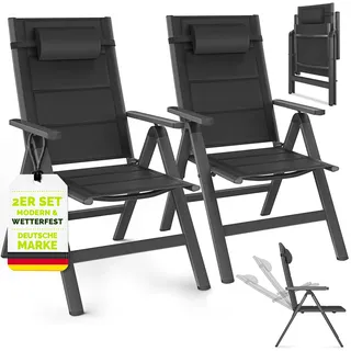 tillvex Gartenstuhl mit Polster Premium 2 Stück Anthrazit klappbar aus Aluminium | Hochlehner mit Armlehnen | Klappstuhl verstellbar | Klappsessel Balkon Garten Terrasse