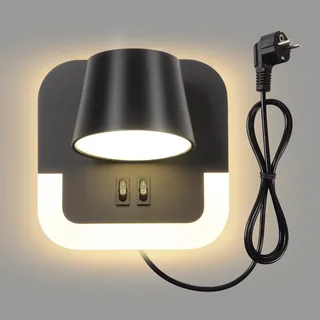 AWEKLIY LED 4W+8W leselampe wandlampe mit schalter, Wand leselampe innen mit kabel und stecker, Schlafzimmer Hotels wandleselampe Nachttischlampe, Drehbarer Lampenkopf, 3000K Einstellbare, Schwarz