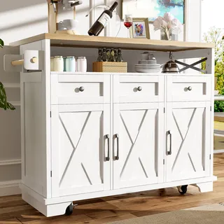 MODFU Sideboard,Kommode, Kücheninsel auf Rollen mit multifunktionalem Stauraum, herausnehmbaren Trennwänden, mit Handtuchhalter, weiß - Weiß