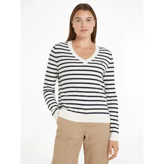 Tommy Hilfiger Damen, Pullover, Jersey V-Neck Strickpullover, Mehrfarbig (ivory Petal/Desert sky stp), S