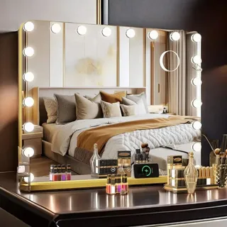 Clevich Hollywood Schminktischspiegel mit Beleuchtung, Schminktisch Spiegel Mit 20 LED und 3 Lichtfarben, Kosmetikspiegel mit Touch-Steuerung, USB-Ausgang und 10-facher Lupe, 80 x 60cm Gold