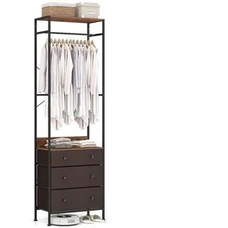 FANTASK Garderobenständer mit 3 Schubladen, Garderobe mit Hängestange & Ablagefächern, Kleiderständer freistehend aus Metall, Flurgarderobe industriell, 55 x 28 x 176 cm