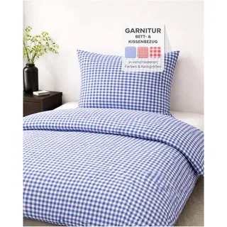 texpot Landhaus Bettwäsche Garnitur kariert blau-weiß 135 x 200 cm + 80 x 80 cm Baumwolle 10mm Karo