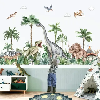 decalmile Wandsticker XXL Dinosaurier Groß Wandtattoo Kinder Dino Palme Baum Dschungel Tiere Wandaufkleber Kinderzimmer Babyzimmer Schlafzimmer Wanddeko