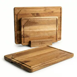 Oleio Schneidebrett Holz Set - 3 robuste Küchenbretter aus massiver Akazie (40x30, 33x24, 26x18 cm) - 2cm dick - inkl. Halter, Antirutschnoppen & Griffmulden - Servierbrett Set