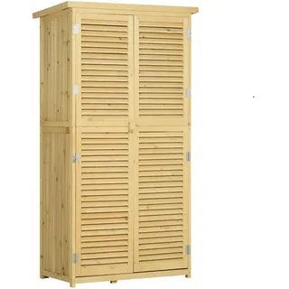Outsunny Gartenschrank Holz Geräteschuppen 4 Fächer Geräteschrank mit Asphaltdach Natur , 46.5x160x87 cm , Gartenzubehör, Geräteschuppen