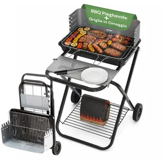 Avilia Klappgrill Holzkohle Tragbar aus Stahl, Grillflaeche 54x38cm mit 2 Raedern fuer Einfachen Transport - Holzkohlegrill fuer Garten und Camping 60x80x84cm