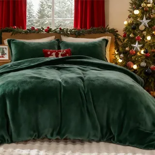 Lanqinglv Winter Bettwäsche 135x200cm 4Teilig Biber Dunkelgrün Grün Samt Warme Plüsch Flanell Unifarben 2 Bettbezug mit Reißverschluss und 2 Kissenbezug 80x80cm