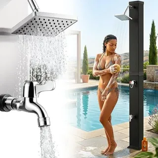 Solardusche Gartendusche 40 Liter - Warmes Wasser max. 60°C - Ohne Stromanschluss - Mit Fußdusche - Gartenschlauch-Anschluss - Pooldusche Solar Dusche Wasserhahn - Ocean in Schwarz - Schwarz