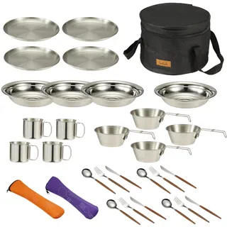 Camping Küche Geschirr Mess Kit, Schüsseln&Geschirr Set für 4 Person-31pcs Geschirr Set mit Tellerlöffel Gabel gezacktes Messer, 304 Edelstahl Schüssel&Cup&Dish, Aufbewahrungstasche, Rucksack, Wandern
