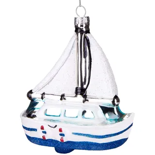 BRUBAKER Weißes Segelboot - Handbemalte Weihnachtskugel aus Glas | Mundgeblasener Christbaumschmuck Figuren lustig Deko Anhänger Baumkugel - 12 cm
