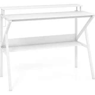 Costway Schreibtisch, 100x50cm Computertisch, PC-Tisch mit Monitorständer, Regal, Haken & Metallrahmen, Bürotisch aus Holz, Arbeitstisch, Weiß - Weiß
