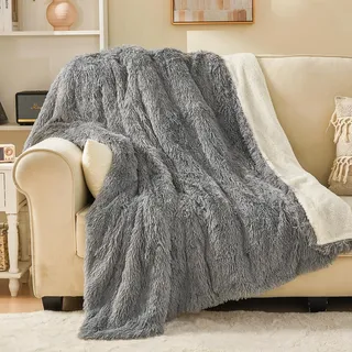 EMME Faux Kuscheldecke Flauschig, Felldecke, Pelz Wolldecke, Wohndecke, Super Weich, Plüschig, Dicke, Elegant, Lange Haare Shaggy Decke, Warme Gemütliche für Sofa und Bett (Hellgrau, 130 x 150 cm)