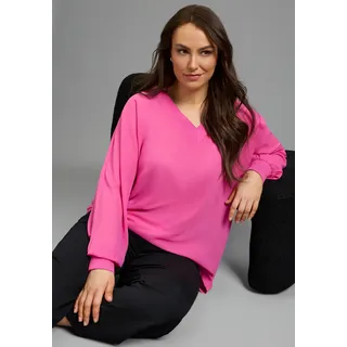 Shirtbluse LAURA SCOTT CURVE "Große Größen", Damen, Gr. 48, fuchsia, Web, Obermaterial: 100% Polyester, unifarben, V-Ausschnitt, Fledermausärmel Rippbündchen, Blusen Shirtbluse, mit sportivem Rippenbündchen