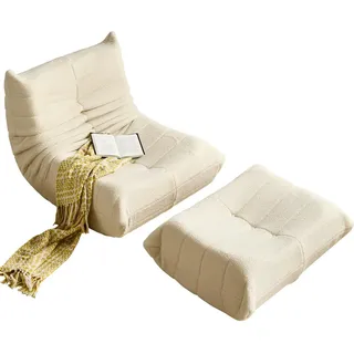 Wishdor Sitzsack Stoff Beige mit Fußstütze, gepolsterter Loungesessel mit breiter Sitzfläche , Textil , Rechteckig , 85x79x114 cm , Wohnzimmer, Sessel, Sitzsäcke, XXL Sitzsäcke
