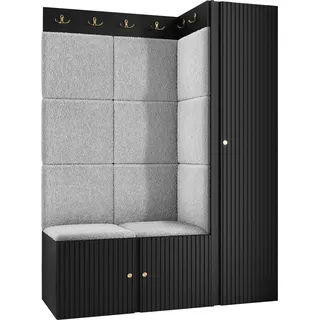 MIRJAN24 Garderoben-Set Orion Ryfel Slim IX, Kleiderschrank, Schuhschrank, 2x Kleiderhakenbrett, 11x Paneel 42x42, 4 Kleiderhaken für Kleidung, Metallgriffe (Farbe: Schwarz, Abriamo 06) - Schwarz, Grau