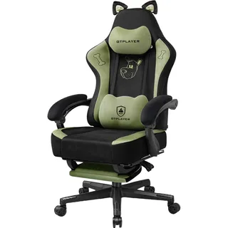 GTPLAYER Niedlicher Gaming Stuhl mit Samtstoff, Gaming Chair, ergonomischer Bürostuhl Gamer Stuhl mit Katzenohren, Memory-Schaum und Fußstütze, 150kg, Grün