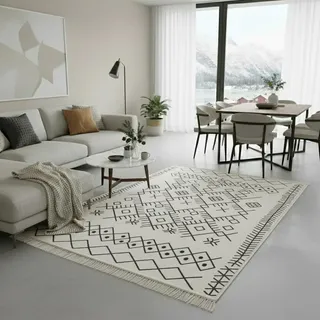 Jimri Teppich Läufer - Tepiche für Wohnzimmer, Schlafzimmer, Küche, Kinderzimmer, Badezimmer - Boho Kelim - Läufer Flur, Schwarz-Weiß, Größe: 120x170 cm