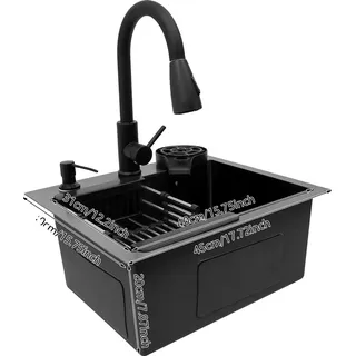 Küchenspüle, Ausziehbarer Wasserhahn, Becherreiniger, schwarz - Schwarz