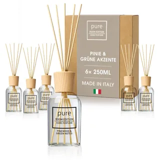 PURE ROOM EDITION 6X 250ml Pinie & grüne Akzente Raumduft SparBox | natürliche Inhaltsstoffe, vegan & tierversuchsfrei, Bio-Alkohol, Diffuser mit Stäbchen hergestellt in Italien