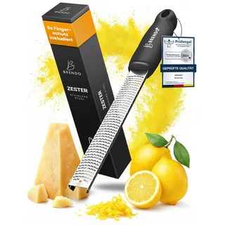Brendo Premium Zester Reibe I Käsereibe Schwarz I Edelstahlklinge I Knoblauchreibe, Muskatnuss Reibe, Zitronenreibe, Ingwerreibe, Parmesanreibe I Fingerschutz, Schutzhülle & Reinigungsbürste