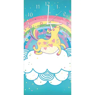 Wallario Design Wanduhr Lustiges Einhorn auf einer Wolke vor Regenbogen aus Echtglas, Größe 30 x 60 cm - Türkis