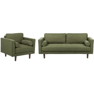 BELIANI Sofa Set 2-Teilig Dunkelgrün Stoffbezug 3-Sitzer & Sessel mit Holzbeinen Dekokissen Dicke Lose Sitz- & Rückenkissen Schmale Armlehnen Retro - Grün, Braun