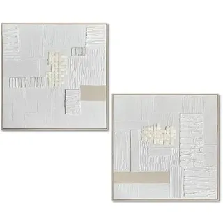 DRW Abstraktes Leinwandbild mit Naturholzrahmen in Natur und Weiß, 82 x 82 x 4,5 cm