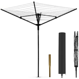 MYOYAY Wäschespinne für Draußen Garten Wäscheständer mit Metall Bodenhülse, Schutzhülle, 50m PVC Wäscheleine, 4-armig Wäscheschirm Faltbare Wäscheständer groß Drehbaren Wäschespinnen Outdoor