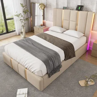 Flieks Hydraulisches Polsterbett 90x200cm mit USB & Typ C, Boxspringbett Stauraumbett mit LED, Einzelbett Jugendbett mit Lattenrost, Leinen, Beige - Beige