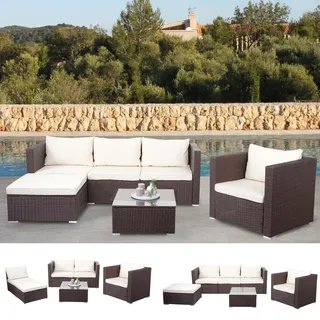 Mendler Poly-Rattan-Garnitur Brescia, Gartengarnitur Sitzgruppe Sofa Lounge-Set ~ braun, Kissen creme