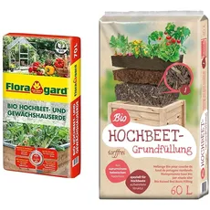 Floragard Bio Hochbeet- und Gewächshauserde, 70 liters, Braun & Universal Bio Hochbeet-Grundfüllung 60 Liter, Erdfarben