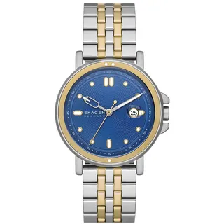 Skagen Signatur Sportuhr für Herren, Quarzwerk mit Edelstahl-Lederarmband, Silberton und Goldton
