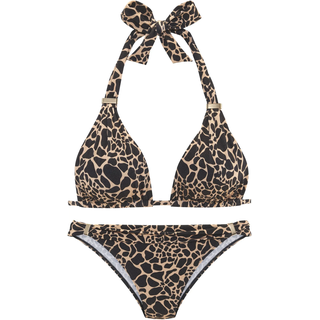 Triangel-Bikini LASCANA "Zaba", Damen, Gr. 42, Cup C/D, schwarz (schwarz, gold), Recycling-Polyamid, Bikini-Sets Triangel-Bikini, Goldfarbene Zieraccessoires an Top und Hose, Topseller