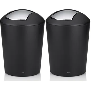 kela Kosmetikeimer schwarz 1,7l, Minimülleimer Badezimmer mit Schwingdeckel, Kunststoff, MARTA, kleiner Tischmülleimer schwarz matt (Packung mit 2)
