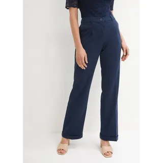 Marlene-Hose BONPRIX "Marlenehose", Damen, Gr. 44, K-Gr, blau (dunkelblau (kurz)), Twill, Obermaterial: 66% Polyester, 33% Viskose, 1% Elasthan, unifarben, loose fit lang, Hosen Marlene-Hose, weite Hose, mit Bügelfalte und Umschlagsaum, lockere Passform