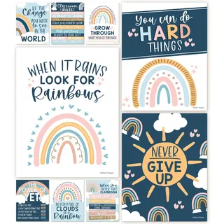 Hadley Designs 9 Boho-Regenbogen-Klassenzimmer-Dekor-Schilder, Willkommensschild für Pinnwand-Dekorationen, Wachstums-Denkweise, Klassenzimmer-Poster, Grundschule, Klassenzimmer-Regeln