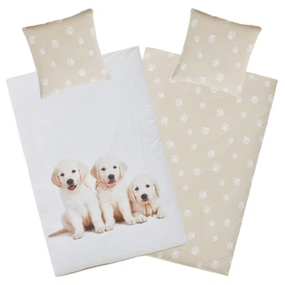 Aminata kids Kinderbettwäsche 135x200 Hunde Biber Welpe beige mit Reißverschluss - Wendebettwäsche