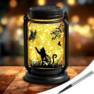 Katzen Solarlaterne Außen Gartendekor, 3-in-1 Katze Maurer Glas hängende Laternen mit Stake, Geschenke für Katzenliebhabe Mutter Weihnachten, Freien Wasserdicht Lichter für Patio Yard Balkon