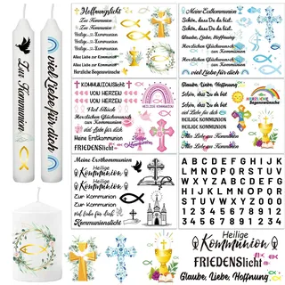 HOWAF 6 Blätter Kerzen Tattoo Kommunion Deko, Kerzentattoos Kommunion Geschenk Fische Tattoofolie für Kerzen Aufkleber Wasserschiebefolie mit Spruch, für Erstkommunion Taufe Konfirmation Deko