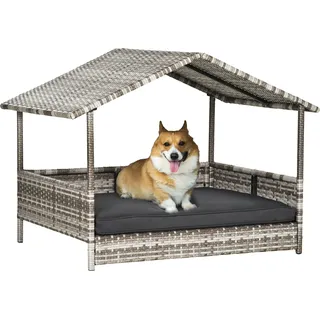 PawHut Rattan Hundehaus mit Kissen, Hundebett im Hausform, Outdoor Hundehütte für kleine, mittlere Hunde, Stahlrahmen, Grau, 69 x 98 x 70 cm - Grau