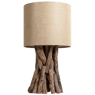 Tischleuchte Licht-Erlebnisse Tanner Teakholz E27 50 cm Leinen Schirm Beige