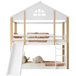 Modfu Etagenbett aus MDF 90x200 cm Weiß/Natur mit Rutsche, Winkeltreppe und Haus-Design , Holzwerkstoff , 90x200 cm , Babymöbel & Kindermöbel, Kinderzimmer & Jugendzimmer, Stockbetten